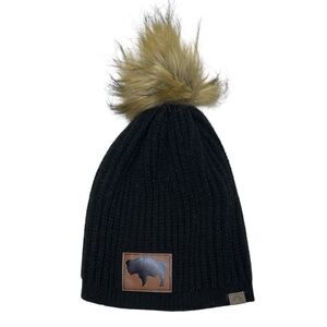 Buffalo Black Knit Pom-Pom Beanie with Brown Patch. One size.